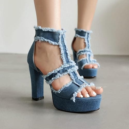 Donna Tacco Grosso Alto Sandali Estivi Peep Toe Denim Platform Sandali Cinghia A T Décolleté da Vestito con Cerniera Posteriore thumbnail 6