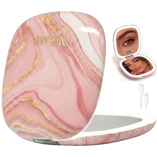 NJ GLAM Lighted Makeup Compact Mirror, 3.9 Inch – 1x/10x Magnification Portable, LED – Auto Light On/Off - USB Charging, (Blush Marble) - Image 1