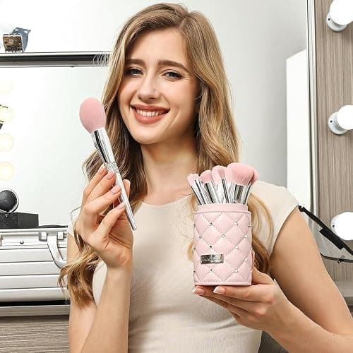 Bueart Design Elegant pink Ultra soft labeled Makeup Brushes Sets with Brush Holder makeup brush set with Foundation Powder blush blending contour Brush (15Pcs Silver Pink+Holder) thumbnail 2