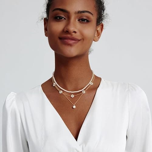 LULII Pearl Necklaces for Women 14K Gold Plated Dainty Layered Single Pearl Necklace Simple Daisy Pearls Choker Cute Gold Necklace Stack Jewelry Sets for Women Trendy Gifts thumbnail 3