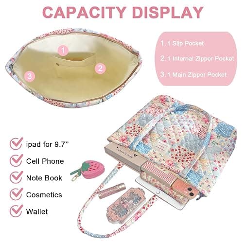 Modacarry Small Floral Quilted Tote Bag with Zipper Closure for Women Girls thumbnail 4