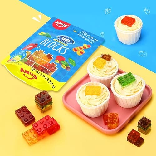 AMOS 4D Gummy Blocks Candy Bricks, Edible Building Blocks, Themed Novelty Candy for Kids Birthday Party, Cupcake Topper, Resealable 2.19oz Bag (Pack of 3) thumbnail 2