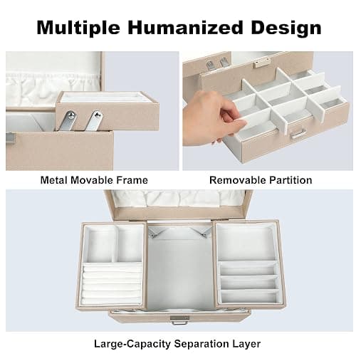 Dajasan Jewelry Box Organizer, Jewelry Boxes for Women Girls, 3 Layers Jewelry Gift Box for Christmas, Valentine's Day, Birthday, Mother's Day (Champagne) thumbnail 4