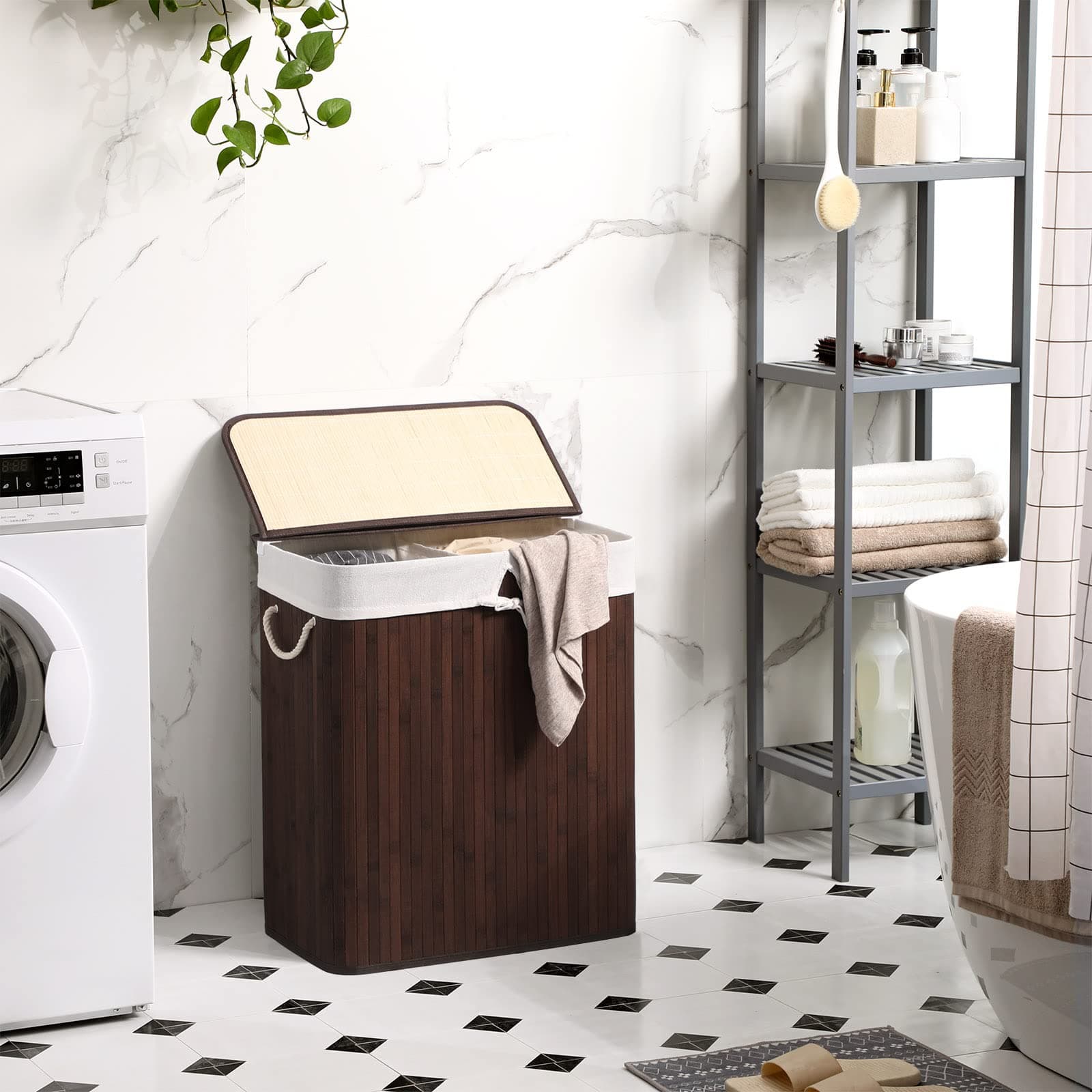 SONGMICS bamboo laundry basket, laundry bin with 2 compartments, laundry sorter with lid and removable laundry bag, cotton handles, 100 L laundry box, brown LCB72Z thumbnail 8