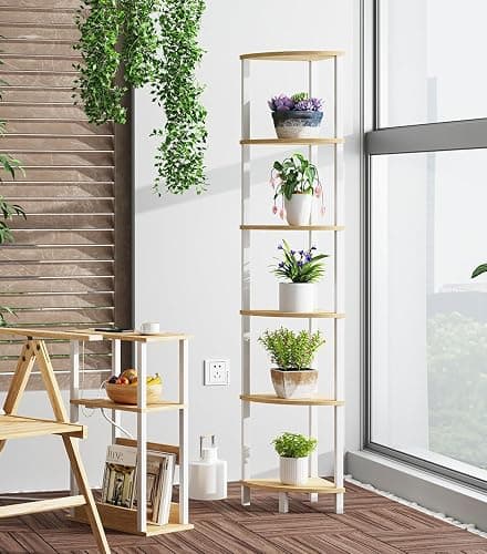 Corner Shelf, 6-Tier Corner Bookshelf, Industrial Corner Ladder Shelf, DIY Storage Shelves, Rustic Display Shelf for Living Room, Bedroom, Kitchen, Home Office, White and Nature Wood Color UJSJ004Q thumbnail 7