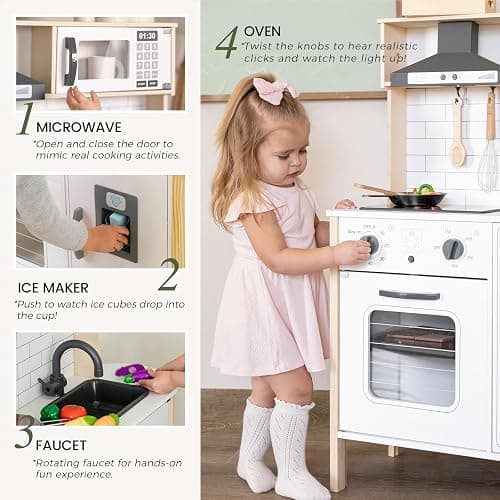 Tiny Land Play Kitchen for Kids, Wooden Kids Play Kitchen Playset Chef Pretend Play Set for Toddlers with Real Lights & Sounds, Toys Kitchen with 18 Pcs Toy Food & Cookware Accessories - White thumbnail 4