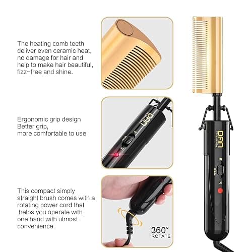 DAN Technology Curved Ceramic Hair Straightener and Heat Press Comb, 450°F Dual Voltage for Natural Black Hair, Portable for Travel & Home | *Dual voltage *Ceramic Technology *30sec Fast heating *High and low switch *360 Swivel Cord *Anti-scald bracket thumbnail 4