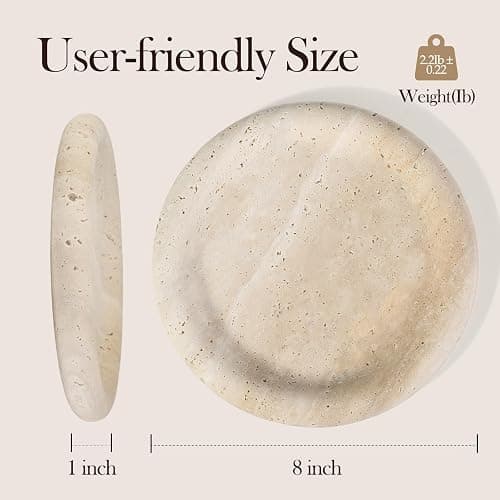 Koville Italian Round Travertine Tray, 8" Vanity Decorative Marble Tray for Countertop, Catchall for Perfume, Candles, Jewelry Dish thumbnail 2