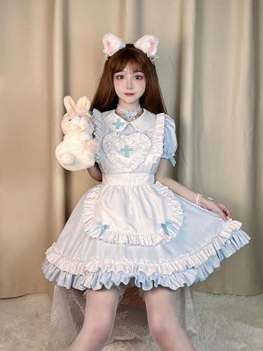 Ulalaza Gothic süße Mädchen Prinzessin Puppenkragen Spitze Schürze Retro Rüschentaschen mit Kopfschmuck Französisch Maid Kostüm thumbnail 4