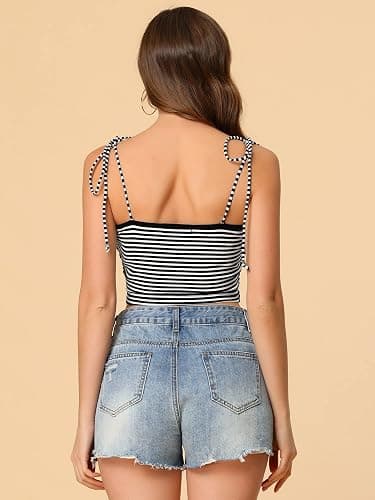 Allegra K Women Rainbow Striped Tie Spaghetti Straps Summer Cami Tops | Stretchy soft jersey. Colorful print. Sleeveless cropped short style. thumbnail 5