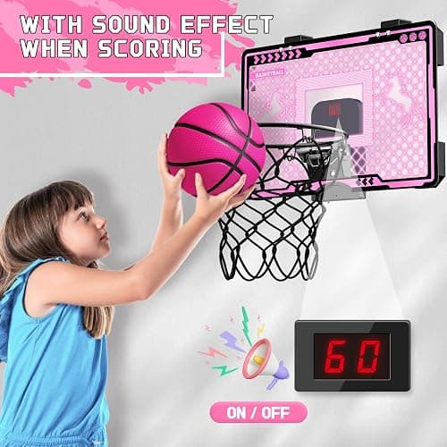 Basketball Hoop Indoor Kids Girls Pink - Mini Over The Door Basketball Hoops with Electronic Scoreboard Toys & 3 Balls, Unicorn Birthday Gifts Age 5 6 7 8 9 10 11 12 Year Old Girls thumbnail 2