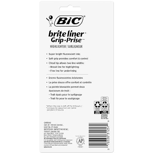 BIC Brite Liner Grip Highlighter, Chisel Tip (1.6 mm), Assorted Colors, For Broad Highlighting & Fine Underlining, 5-Count thumbnail 2