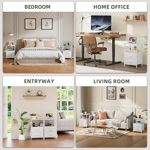 Somdot White Nightstand with Charging Station and LED Light for Bedroom, 2 Drawers Dresser with Fabric Bins for Bedside Kids Dorm Room Closet Laundry Entryway, White Leather thumbnail 8
