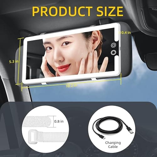 Car Visor Vanity Mirror with Light, Rechargeable Dimmable Touch LED Sun Visor Mirrors, Large Detachable Vanity Makeup Mirror with 3 Color Modes for Truck SUV Car Accessories Essential for Women(White) thumbnail 2