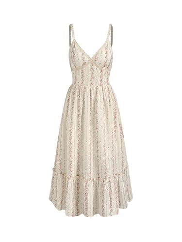 CIDER Summer Floral V Neck Maxi Dress Vacation Beach Sleeveless Cotton Shirred Mid Waist Dress - Image 1