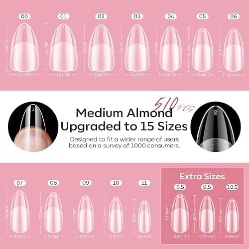 modelones Gel Nail Kit Almond, 510Pcs Nail Tips Solid Glue Prep Dehydrator & Mini U V LED Light Clipper, Upgrade 15Sizes Medium Almond Press on Tips Etch Half Matte for Easy Extension DIY Women Gift thumbnail 4