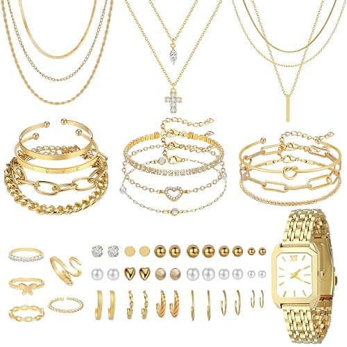 NEWITIN 61 Pieces Gold Jewelry Set for Women Fashion Costume Jewelry Gold Plated Necklace Bracelet Watch Ring Earrings Set for Women - Image 1