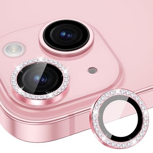 Xfilm Camera Lens Protector Compatible for iPhone 15/15 Plus Bling, Individual Metal Diamond Ring 9H Hardness Scratchproof Protector, Stylish Accessories, Case Friendly (Pink Diamond) - Image 1