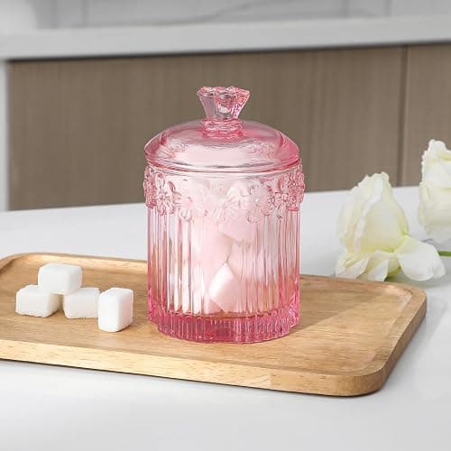 rejomiik 2 Pack Qtip Holder Glass Apothecary Jars with Lids Set Bathroom Canisters Dispenser Organizers and Storage for Cotton Swabs, Balls, Pads, Floss Picks, Candy, Pink thumbnail 5