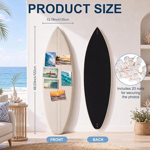 Poola Voidra Surfboard Arch Pinboard Linen Bulletin Board with 20 Push Pins | 48 x 13.8 Inches, Decorative Wall Nautical Beach Theme Wall Decor, Coastal Aesthetic for Dorm Photos Notes Home Room Office thumbnail 2