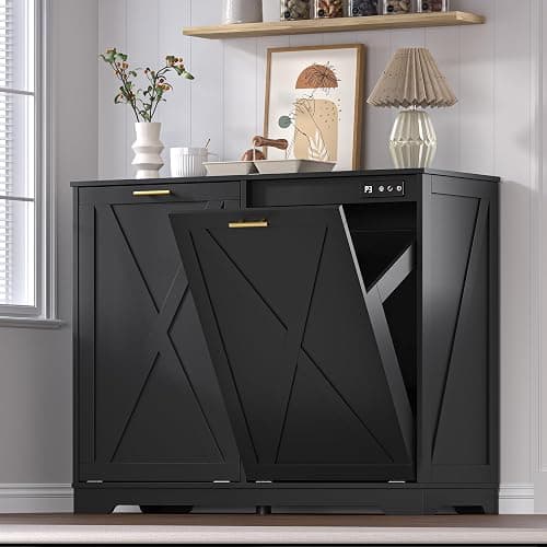 BORNOON Tilt Out Trash Can Cabinet for 2 Bins, Hidden Recycle Garbage Bin Enclosure, Wooden Double Laundry Cabinet with Odor Control, Negative Ion & Ozone, for Kitchen, Bathroom, Laundry Room - Image 1