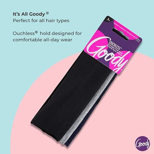 Goody Ouchless Comfort Head Wraps - 3 Ct, Black/Grey/Navy Blue, Soft & Stretchy Fabric Headbands for Women & Men, Secure Hold Yoga, Workout Headband, Versatile Hair Accessories for All-Day Wear thumbnail 3