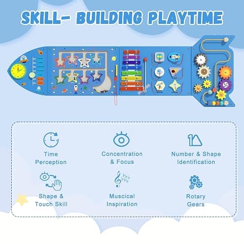 Spacocld Rocket Activity Wall Busy Board Panels - Sensory Wall Panel for Kids, Montessori Toddler Wall Activity Board, Wall Toys for Toddlers 3, Activity Cube, Wall Activity Boards, Blue(4PCS) thumbnail 8
