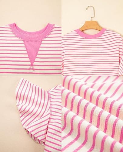 Women's Summer Striped Ruffle Short Sleeve Tops Contrast Color Block 2026 Round Neck Loose Fit Cute Casual Top Blouse thumbnail 5