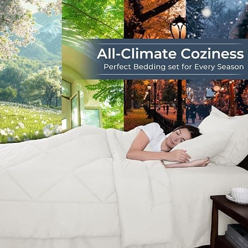 HEVUMYI Ivory Queen Comforter Set - 7-Piece All Season Bed in a Bag Queen, Ultra Soft Bedding Set with Comforter, Flat Sheet, Fitted Sheet, Pillowcases, Pillow Shams thumbnail 3