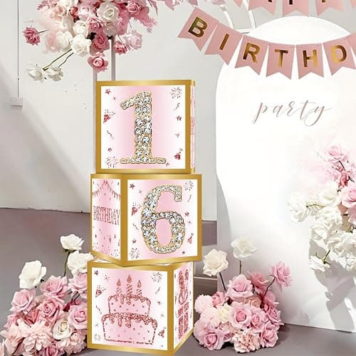 DataMoon 16th Birthday Decorations Boxes for Girls | 3PCS Pink Rose Gold Sweet 16 Birthday Balloons Boxes,Sixteen Year Old Party Supplies for Girls thumbnail 8