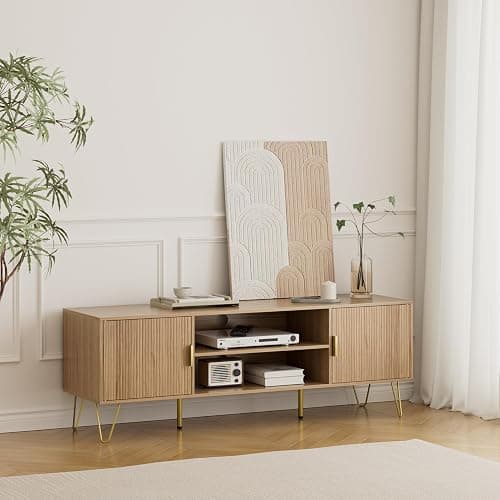 Apetaccat TV Stand for 55-65 Inch TV, Entertainment Center with Soft Hinge Door,TV Console Table with 2 Cabinets with Gold Handle and Feet,for Living Room, Bedroom, Oak thumbnail 8