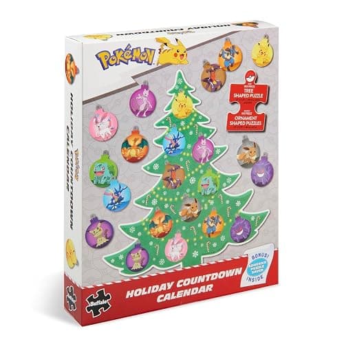 Pokemon 12 Day Advent Calendar Puzzle - 12 Mini Puzzles for Kids Ages 10+ | Advent Calendar Puzzle, Bonus Adhesive Puzzle Saver, 11 Ornament Shaped Puzzles 100 Pieces Each, 300 Piece Tree Shaped Puzzle - Image 1