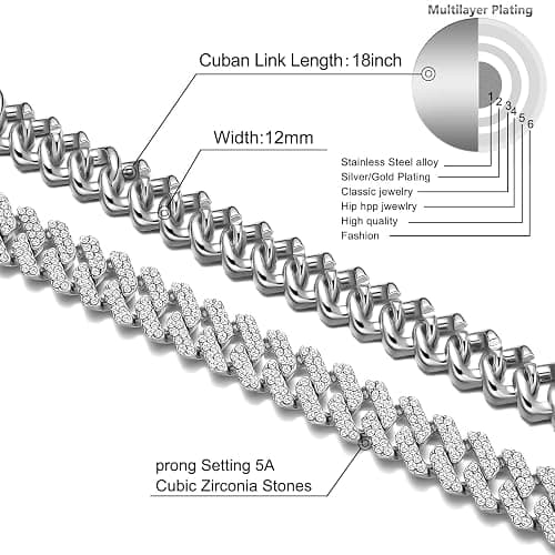 HDMENC Mens and Womens Miami Cuban Link Chain Necklace 12mm Diamond Prong Cuban Chain 18/20/24inch Length Hip Hop Jewely thumbnail 2