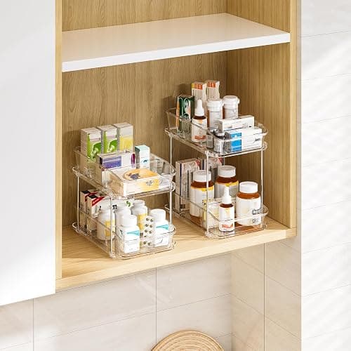 Delamu Bathroom Under Sink Organizers and Storage, 2 Pack, Clear | 2-Tier Multi-Purpose, Stackable, Pull Out Cabinet Kitchen Pantry Organization and Storage with Dividers thumbnail 8
