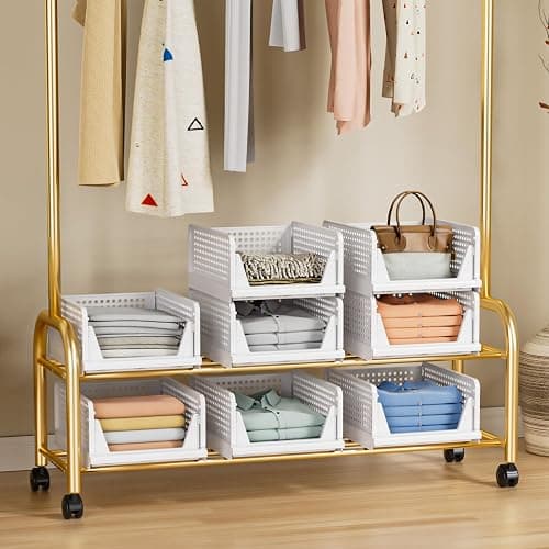 TidyIsles Wardrobe Storage Organiser - 4 Pack Folding Closet Organisers, Stackable Storage Boxes, Plastic Drawer Organiser Basket for Bedroom Kitchen Bathroom White thumbnail 8