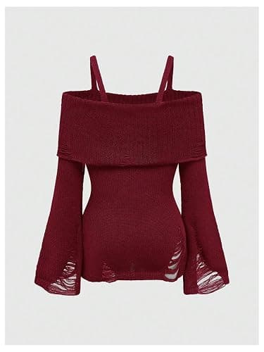 SOLY HUX Women's Cold Shoulder Ripped Sweater Goth Punk Long Sleeve Fitted Jumper Pullovers thumbnail 2