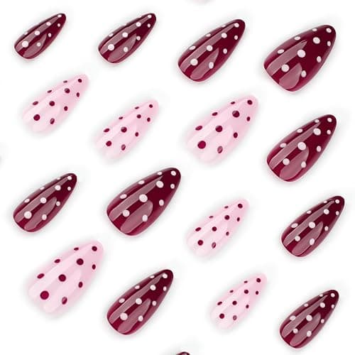 Cute Polka Dot Press on Nails Almond Medium Pink Red Fake Nails with Designs Gel Artificial Nails Press Ons Gel Acrylic Glue on Nails Medium Length Full Cover Stick on Nails for Women 24Pcs thumbnail 3