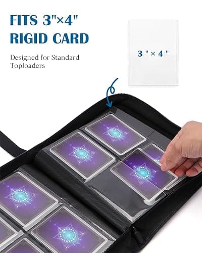 WisOffice Top Loader Binder 4 Pocket for 144 Toploaders with Zipper Closure | Fits 3" x 4'' Rigid Card, Premium PU Leather, Side Loading, Ringless 2x2 Card Binder for MTG/TCG/Sports/Games, Gift, Black thumbnail 5