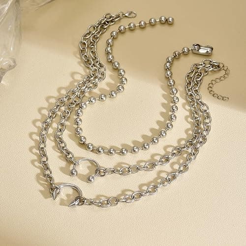 FAJYXTZF Silver Layered Chain Choker Necklace for Women, Punk Y2K Multi-Strand Ball Bead Chain with Pendant, Gothic Statement Jewelry Gift thumbnail 4