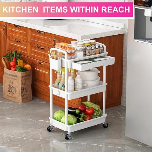 Goovilla 3 Tier Rolling Utility Cart Organizer with Removable Drawer, Stable and Sturdy White Rolling Storage Carts with 2 Lockable Wheels for Bathroom, Kitchen, Snack, Craft, Makeup, Baby Essentials - White - 3 Tier thumbnail 7