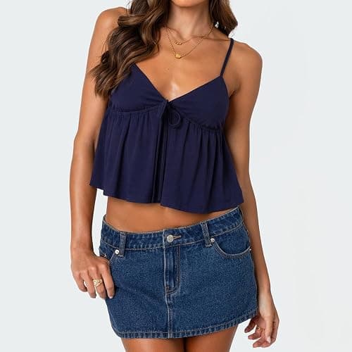 Women's Y2K Babydoll Cami Top Sleeveless V Neck Tie Front Crop Top Ruffle Hem Peplum Tank Shirt Going Out Camisole thumbnail 3