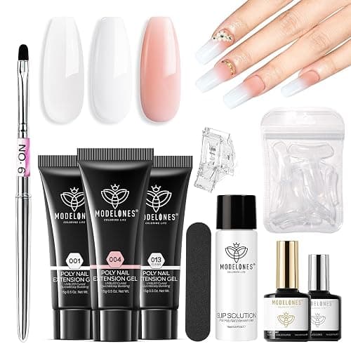 Modelones Poly Gel Nail Kit 3 Colors Clear White Apricot with Slip Solution Dual Nail Forms Top Base Coat Extension Builder Gel Enhancement Professional Starter Kit DIY Nail Art Salon Use - Image 1