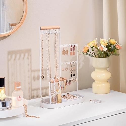 ProCase Jewelry Organizer Tower, 10 Hooks Jewelry Storage Rack Tree Holder Stand with Velvet Ring Display Tray for Necklaces Bracelets Earrings Rings Watches -White thumbnail 5