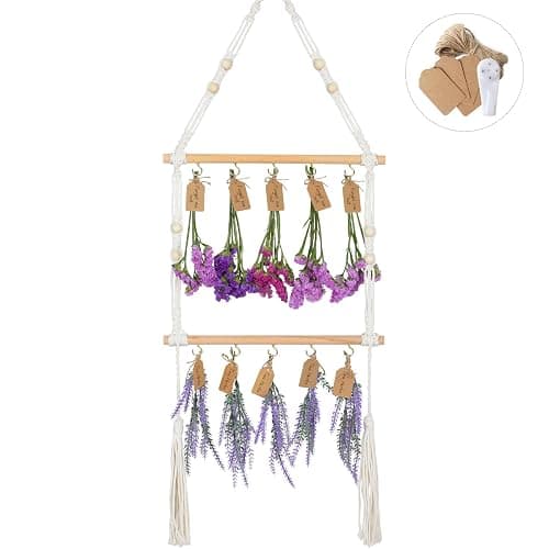 OtGalk 2-Tier Hanging Herb Drying Rack – Includes 30 Brown Gift Tags & 32ft Natural Jute Twine – Handwoven Boho Style Plant Hanger for Drying Herbs, Flowers, Sage – 37" Tall, Home Décor & Gift Idea thumbnail 8