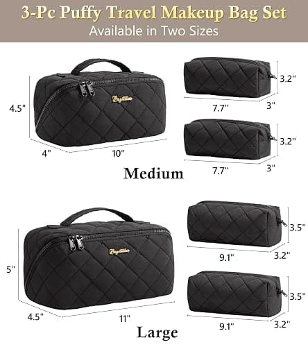 Travel Makeup Bag, 3 Pcs Large Capacity Puffy Toiletry Bag for Women, Open Flat Quilted Make up Cosmetic Organizer w/Handle & Clear Divider Water-resistant Portable Pouch Travel Essentials, L-Black thumbnail 3