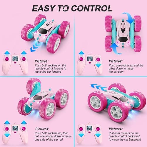 QUNREDA RC Cars, Pink Remote Control Car for Girls, 2.4 GHZ Double Sided RC Stunt Car 360° Rotating Remote Control Crawler with Headlights Car Toys for 6 7 8 9 10 11 12 Girls Birthday Gift Grandkids thumbnail 6