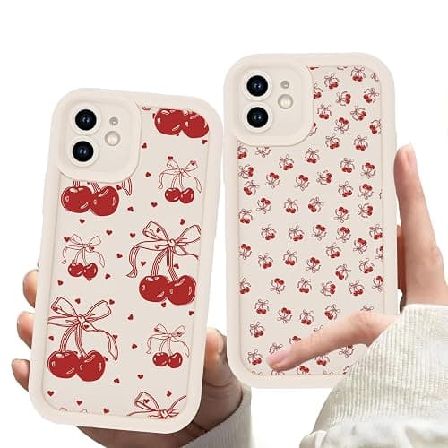 Zrutru 2 Pack Cherry Phone Case for iPhone 12 mini 5.4",Cute Aesthetic Cases Kawaii Bow Design Pattern Cover for Girls Women,Beige Soft Anti-Scratch Shockproof Protection Funda for iPhone 12 mini - Image 1