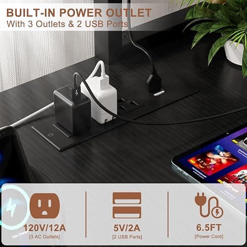 Aheaplus L Shaped Gaming Desk with Power Outlets & LED Lights, Small L- Shaped Desk Computer Corner Desk with Monitor Stand & Storage Shelf, Home Office Desk Writing Desk with Storage Bag, Black thumbnail 3