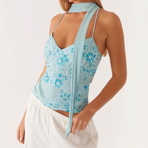 Damen-Top mit Pailletten, glitzernd, Neckholder, Y2K, Perlenverzierung, sexy Tank-Top, Ausgehen, Party, Clubwear thumbnail 6