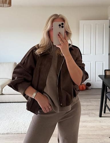 Kissonic Womens Faux Suede Bomber Jacket Oversized Long Sleeve Cropped Coat | Lapel Collar, Batwing Sleeve, Shoulder Straps, Pleated Hems, Zip Up, Casual Trendy Outerwear Streetwear thumbnail 5